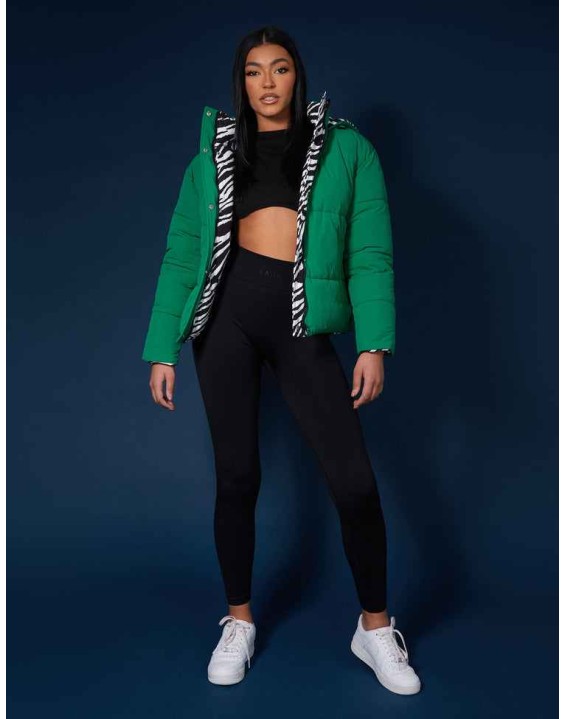 REVERSIBLE QUILTED PUFFER GREEN AND ZEBRA
