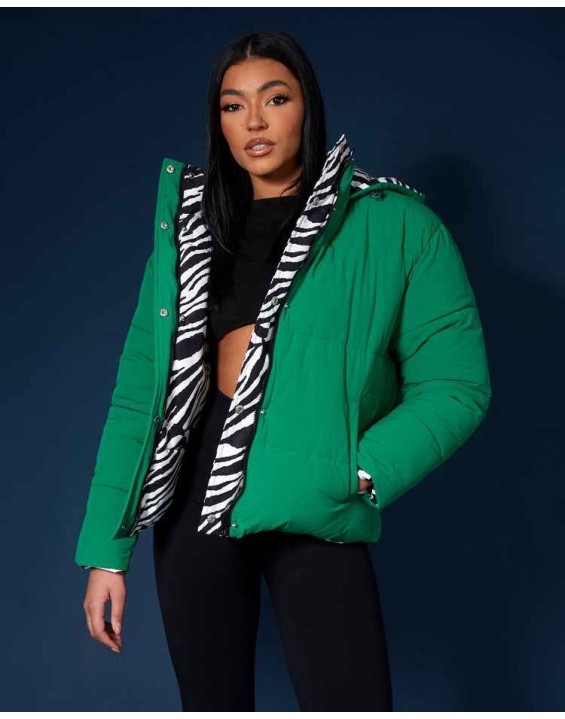 REVERSIBLE QUILTED PUFFER GREEN AND ZEBRA