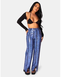SNAKE PRINT PU WIDE LEG TROUSERS BLUE