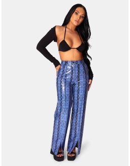 SNAKE PRINT PU WIDE LEG TROUSERS BLUE