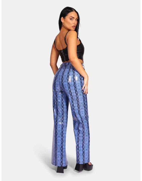 SNAKE PRINT PU WIDE LEG TROUSERS BLUE