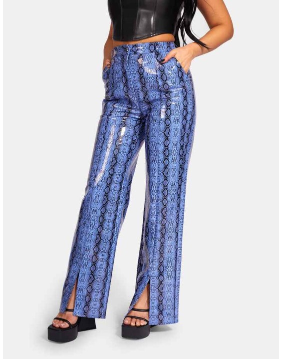 SNAKE PRINT PU WIDE LEG TROUSERS BLUE