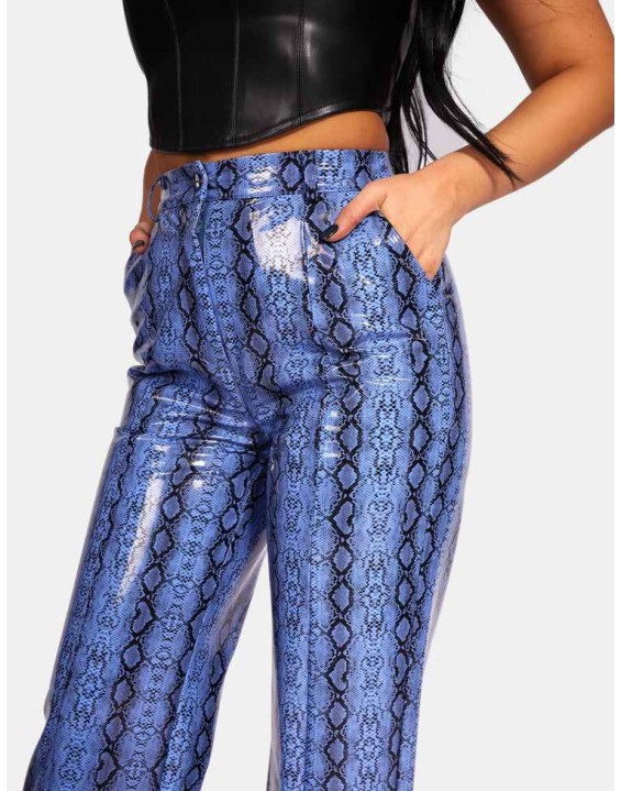 SNAKE PRINT PU WIDE LEG TROUSERS BLUE