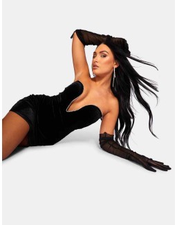 PLUNGE FRONT DIAMANTE TRIM VELVET MINI DRESS BLACK