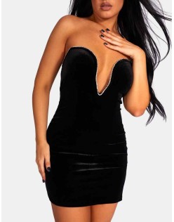PLUNGE FRONT DIAMANTE TRIM VELVET MINI DRESS BLACK