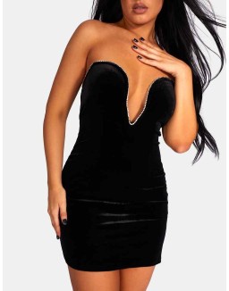 PLUNGE FRONT DIAMANTE TRIM VELVET MINI DRESS BLACK