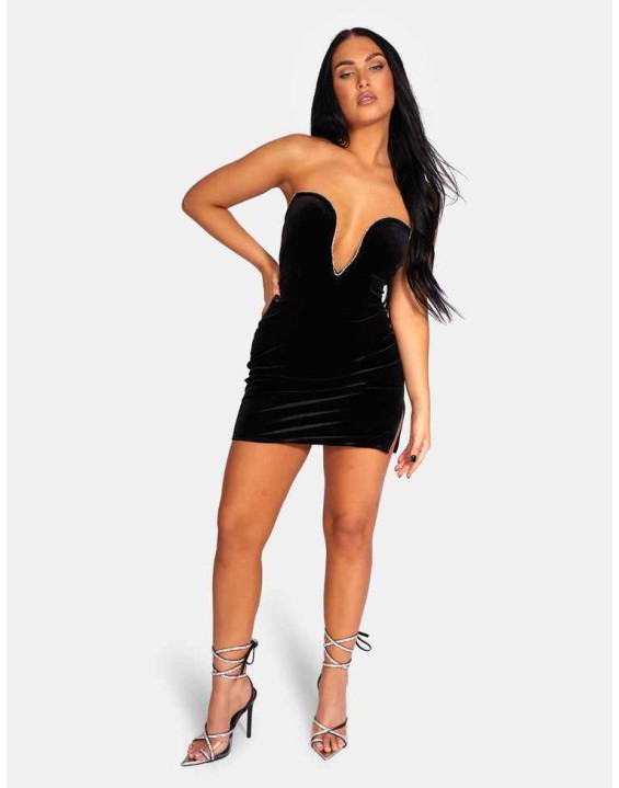 PLUNGE FRONT DIAMANTE TRIM VELVET MINI DRESS BLACK