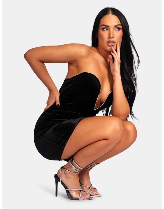 PLUNGE FRONT DIAMANTE TRIM VELVET MINI DRESS BLACK