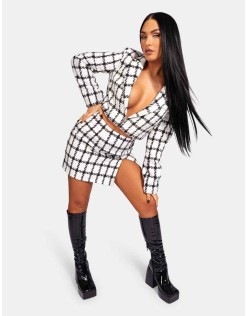 MONOCHROME TEXTURED CHECK CROPPED BLAZER IVORY