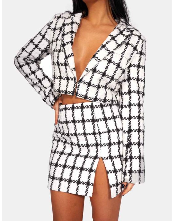 MONOCHROME TEXTURED CHECK CROPPED BLAZER IVORY