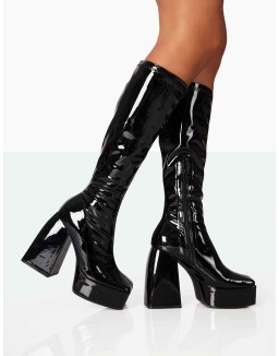 Heartbeat Wide Fit Black Patent Chunky Square Toe Platform Block Knee High Boots