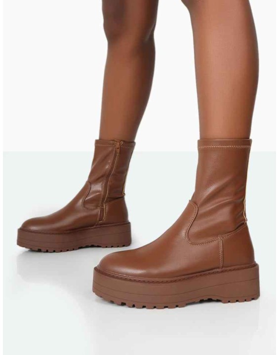 Auden Mocha PU Chunky Sole Ankle Boots