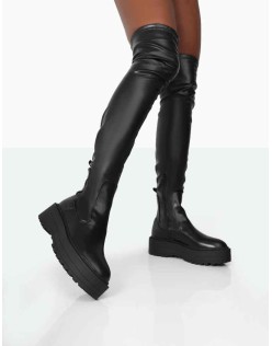 Pheonixe Black Pu Chunky Sole Round Toe Over The Knee Boots