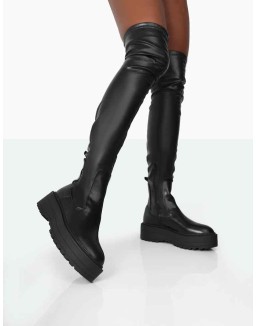 Pheonixe Black Pu Chunky Sole Round Toe Over The Knee Boots