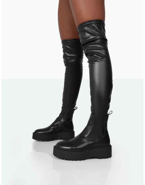 Pheonixe Black Pu Chunky Sole Round Toe Over The Knee Boots