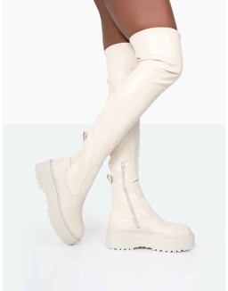 Pheonixe Ecru Pu Chunky Sole Round Toe Over The Knee Boots
