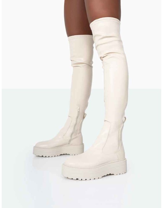 Pheonixe Ecru Pu Chunky Sole Round Toe Over The Knee Boots