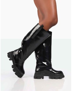 Genius Wide Fit Black Box Patent Knee High Chunky Sole Boots
