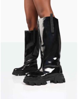 Genius Wide Fit Black Box Patent Knee High Chunky Sole Boots