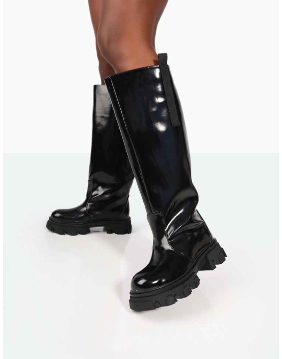 Genius Wide Fit Black Box Patent Knee High Chunky Sole Boots