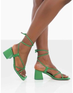 Aloha Wide Fit Green PU Lace Up Block Mid Heeled Sandals
