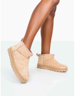 Flurry Beige Faux Suede Ultra Mini Ankle Boots