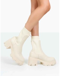 Everdeen Ecru PU And Knit Chunky Heeled Platform Sock Ankle Boots