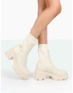 Everdeen Ecru PU And Knit Chunky Heeled Platform Sock Ankle Boots