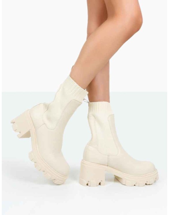 Everdeen Ecru PU And Knit Chunky Heeled Platform Sock Ankle Boots
