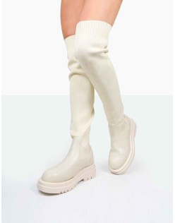 New-Me Ecru Pu and Knit Over The Knee Chunky Sole Sock Fit Boots