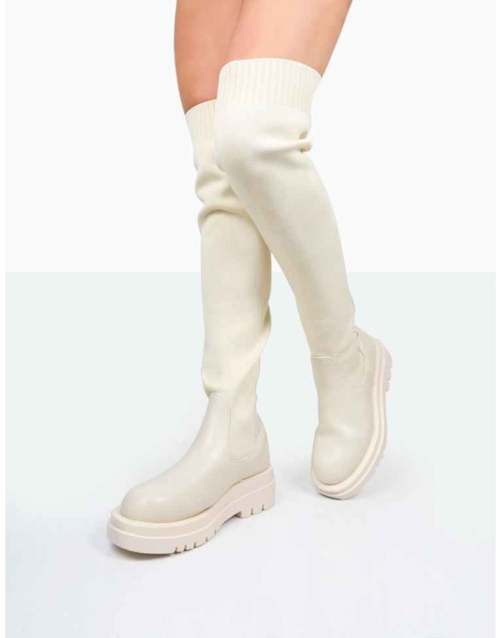 New-Me Ecru Pu and Knit Over The Knee Chunky Sole Sock Fit Boots