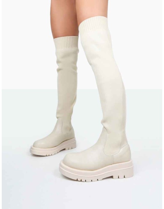 New-Me Ecru Pu and Knit Over The Knee Chunky Sole Sock Fit Boots