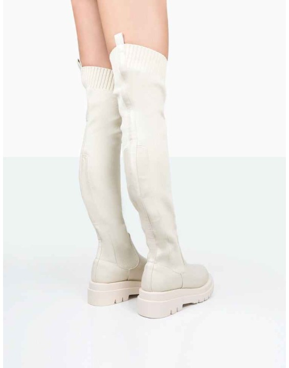 New-Me Ecru Pu and Knit Over The Knee Chunky Sole Sock Fit Boots