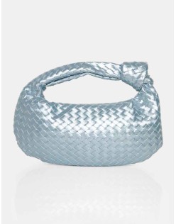 The Blame Metallic Silver Iridescent Woven PU Knot Detail Mini Grab Bag