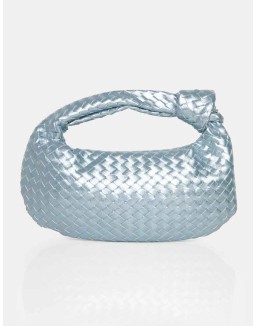 The Blame Metallic Silver Iridescent Woven PU Knot Detail Mini Grab Bag