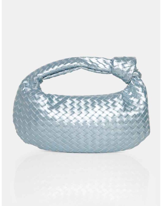 The Blame Metallic Silver Iridescent Woven PU Knot Detail Mini Grab Bag