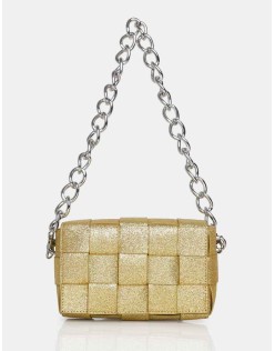 The Mayan Champagne Glitter Weave Gold Chain Detail Shoulder Bag