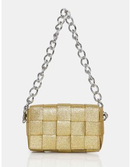 The Mayan Champagne Glitter Weave Gold Chain Detail Shoulder Bag