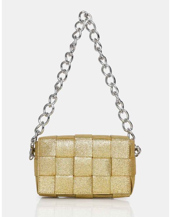 The Mayan Champagne Glitter Weave Gold Chain Detail Shoulder Bag