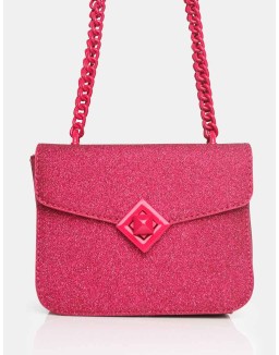 The Pixie Hot Pink Glitter Bag Chain Detail Shoulder Bag