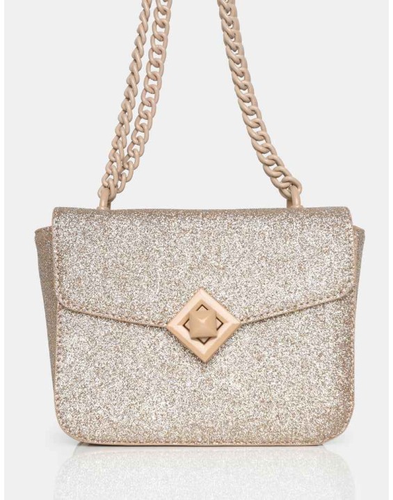 The Pixie Gold Glitter Bag Chain Detail Shoulder Bag