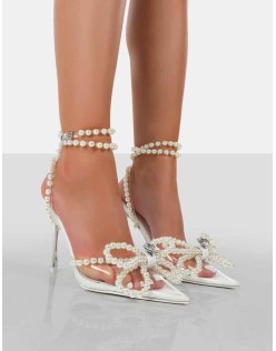 Pearl Wide Fit Bow Clear Perspex Wrap Around Party Pointed Toe Stiletto Court Heels