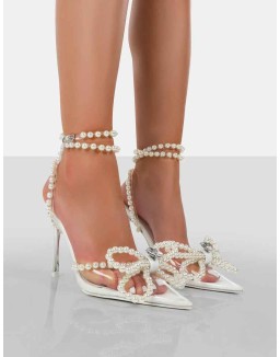 Pearl Wide Fit Bow Clear Perspex Wrap Around Party Pointed Toe Stiletto Court Heels