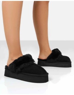 Cosy Black Faux Suede Platform Slider Slipper
