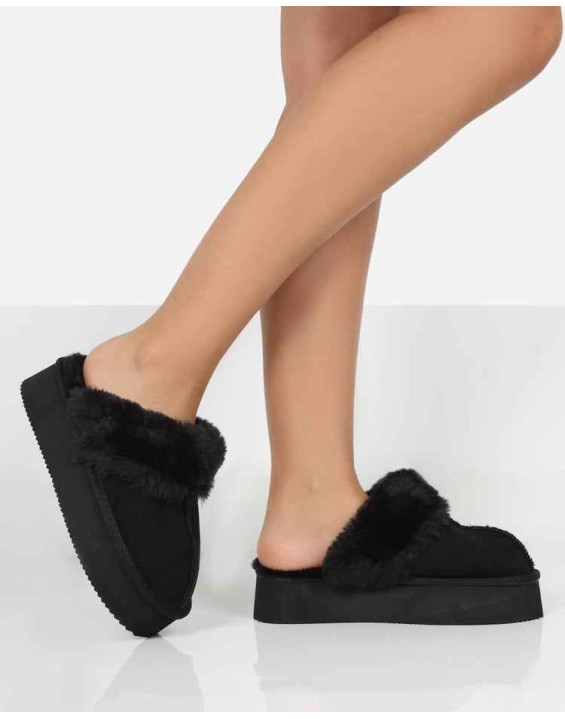 Cosy Black Faux Suede Platform Slider Slipper