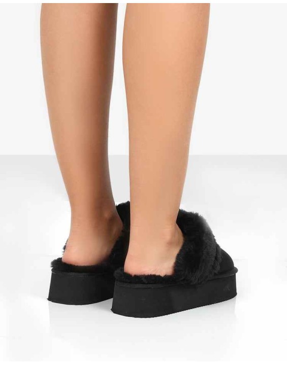 Cosy Black Faux Suede Platform Slider Slipper