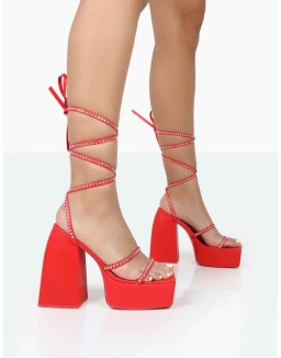Helena Red Grain Pu Sparkly Diamante Chunky Square Toe Platform Heel Block Heels