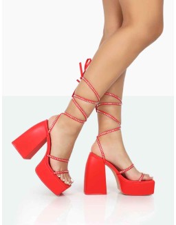 Helena Red Grain Pu Sparkly Diamante Chunky Square Toe Platform Heel Block Heels