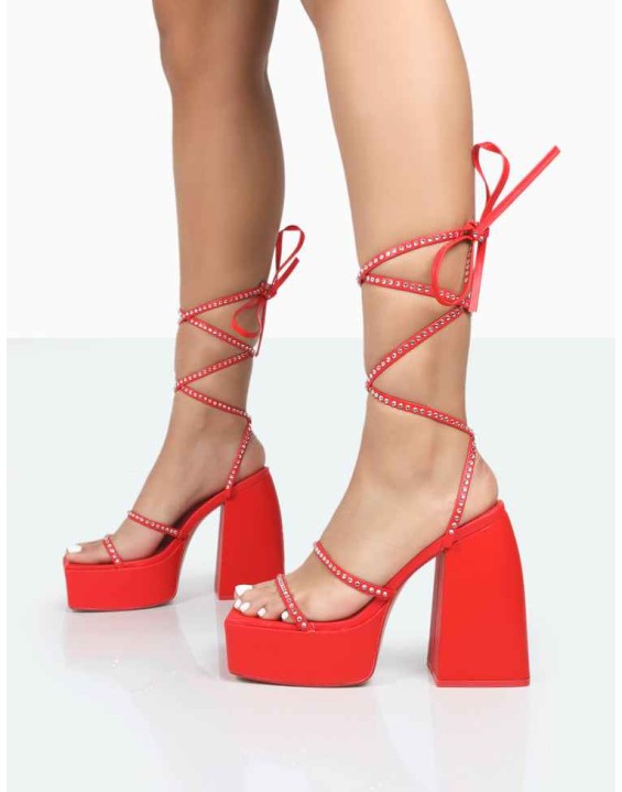 Helena Red Grain Pu Sparkly Diamante Chunky Square Toe Platform Heel Block Heels