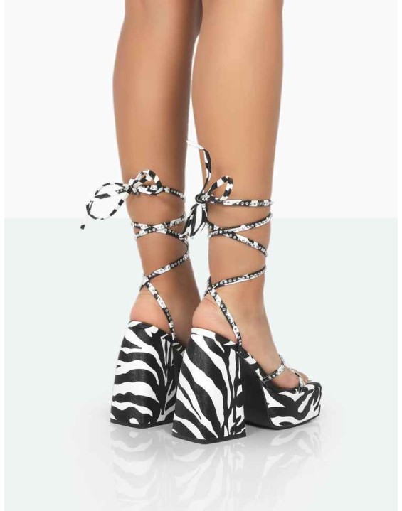 Helena Zebra Monochrome Grain Pu Sparkly Diamante Chunky Square Toe Platform Heel Block Heels